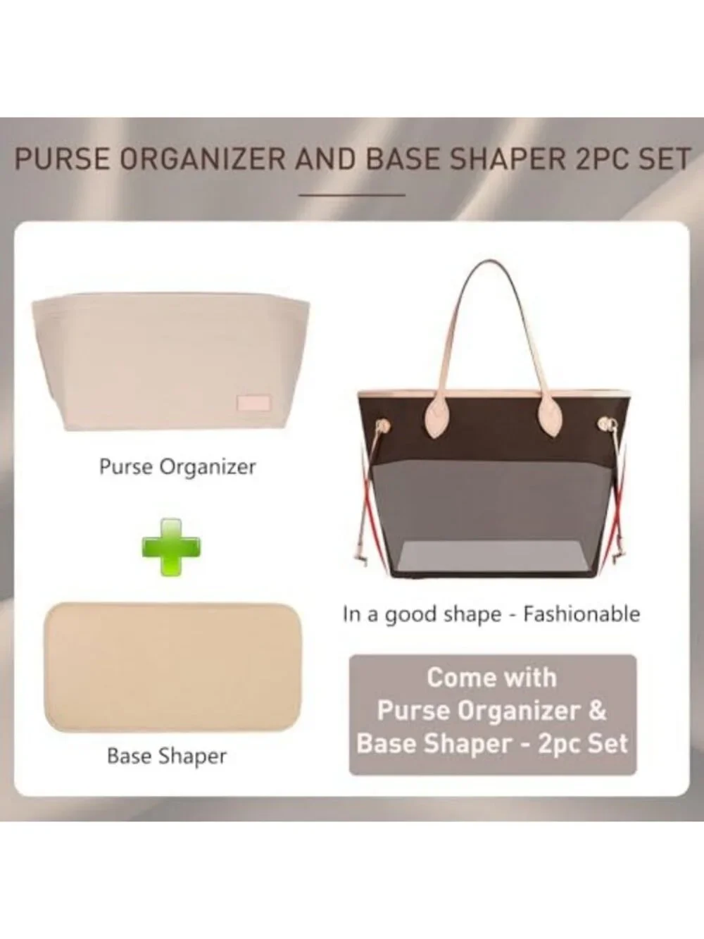 Beige Handbag Organizer Insert Set - 2pc Tote Bag Organizer with Zipper & Bottle